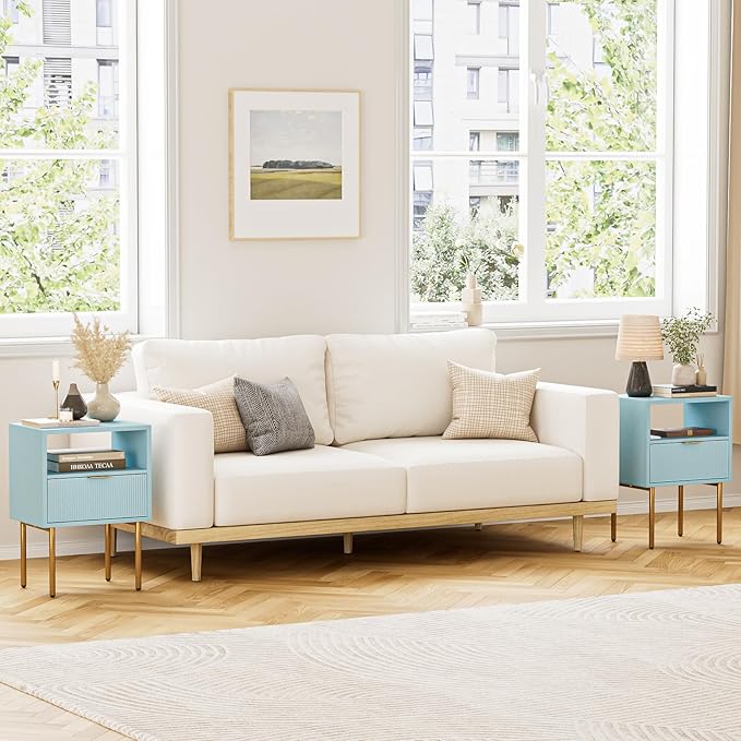 Masupu Night Stand,Mid-Century Modern Bedside Table with Storage Drawer and Open Wood Shelf,Small Gold Frame Side Table for Bedroom,Living Room, Blue