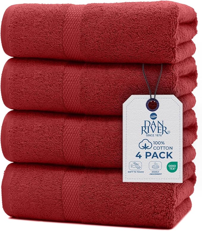 DAN RIVER Bath Towels Set of 4, 27 x 54 Inches, 100% Cotton, Larger & Lighter Weight, Quicker to Dry, Super Soft and Absorbent, Ideal Absorbent Bath Towels for Daily Use, Red