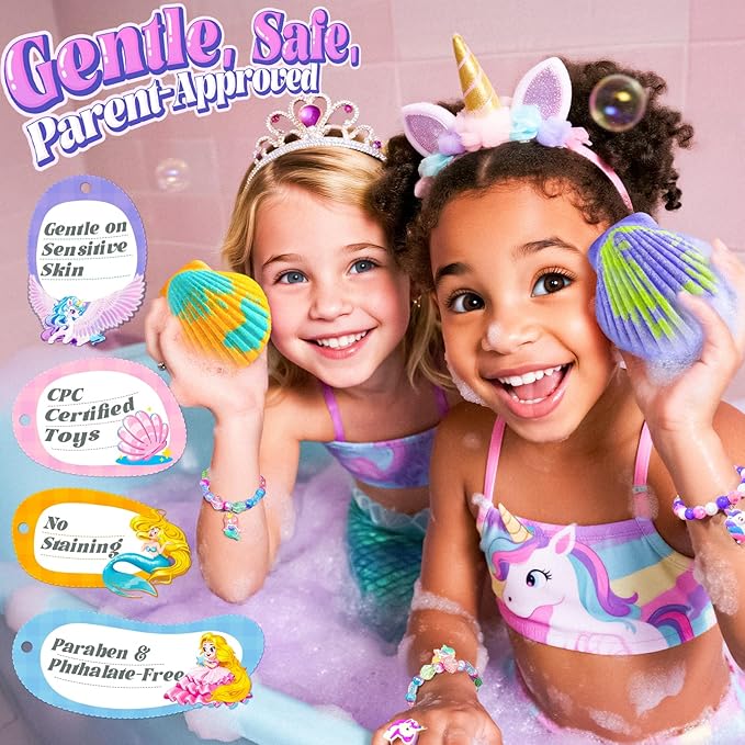 Shell Bath Bombs for Girls – 12 Pack Child-Safe Aromatherapy Bath Bombs with 20 Surprise Toys Inside, 6 Fruity Scents in 2 Gift Boxes (Mermaid & Unicorn Themes), Christmas Gift for Kids
