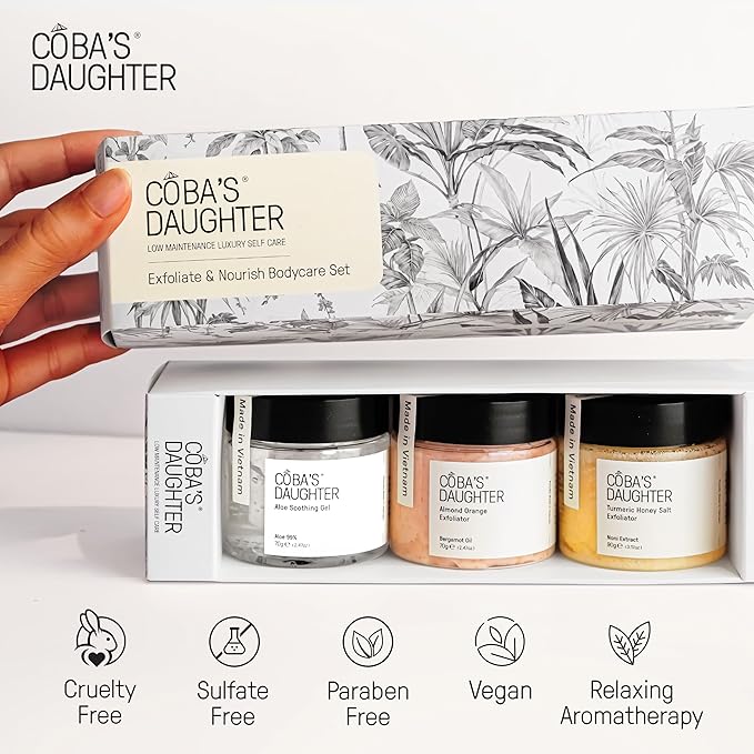 COBA'S DAUGHTER Luxury Spa Gift Set for Women – 3-Piece Mini Body Scrub Trio with Honey Turmeric, Almond Orange & Aloe Vera – Travel Size Self-Care Gift for Holiday, Christmas, Birthday, Wedding Favor