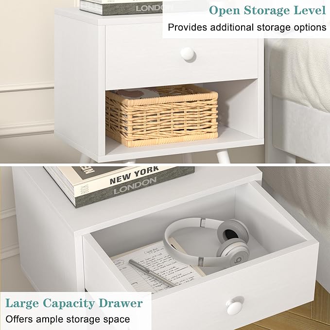 VECELO Nightstands Set of 2, Mid Century Modern End Bedside Table, Night Stand with Storage Drawer and 2 Tiers Open Shelf for Small Place, Bedroom, Living Room, Easy Assembly, Pure White