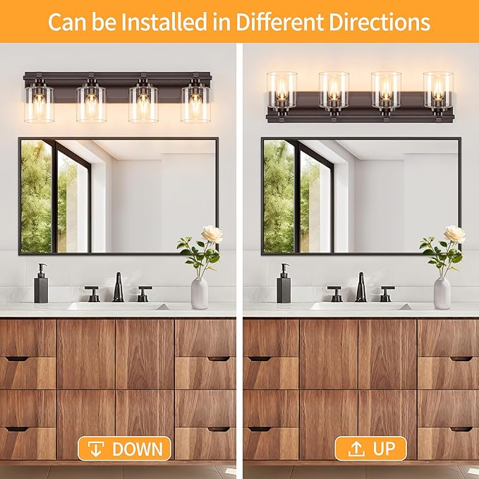 4 Light Modern Bathroom Light Fixtures Over Mirror, Bronze Finish Vanity Lights for Bathroom Wall Sconces with Clear Glass Shades, E26 Socket (Bulbs Not Included)