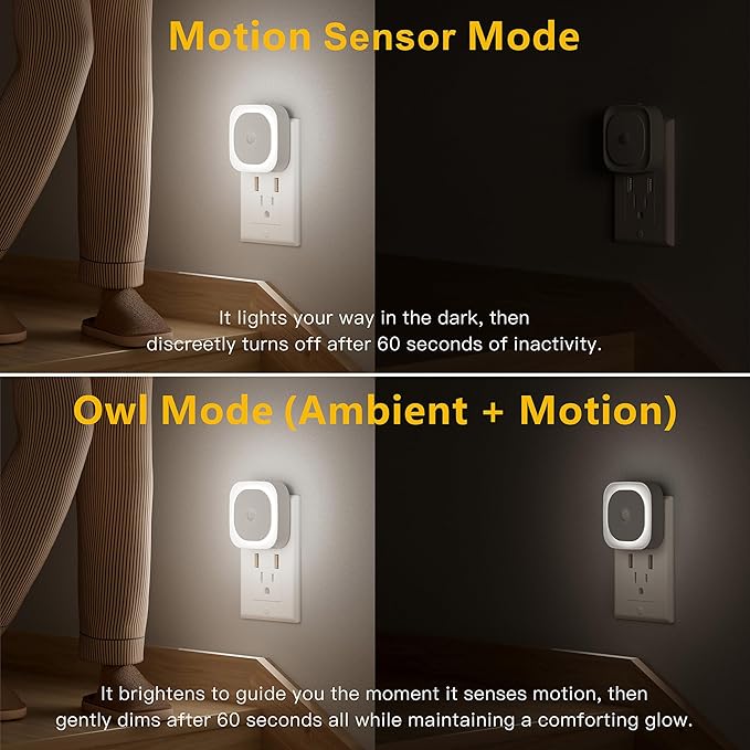 2 Pack Plug in Night Light with Motion Sensor & Dusk to Dawn Sensor, 3 Sensor Modes, Night Lights Plug into Wall, Auto ON/Off, Dimmable Nightlight for Bathroom, Stairs, Kitchen, Cool White