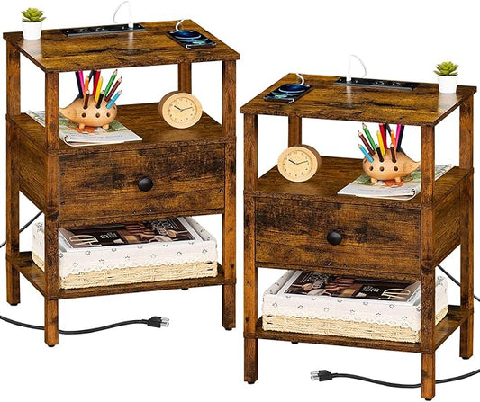 Lerliuo Nightstand Set of 2 with Charging Station and USB Ports, 3-Tier Storage End Table with Drawer Shelf, Night Stand for Small Spaces, Wood Bedside Table for Living Room, Bedroom-Brown