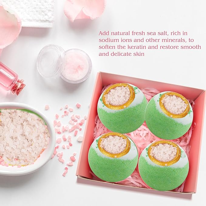 Green Tea Coarse Salt Bath Bombs Balls,4-Pack Gift Set,Moisturizing Dry Skin,Fizzy Spa,Relaxation,Self Care,Relaxing,Bubble Bath Bomb Idea for Men Women