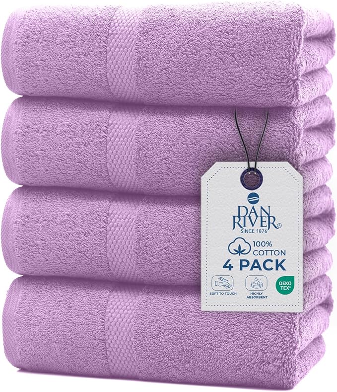 DAN RIVER Bath Towels Set of 4, 27 x 54 Inches, 100% Cotton, Larger & Lighter Weight, Quicker to Dry, Super Soft and Absorbent, Ideal Shower Towel for Daily Use, Lavender