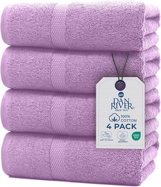 DAN RIVER Bath Towels Set of 4, 27 x 54 Inches, 100% Cotton, Larger & Lighter Weight, Quicker to Dry, Super Soft and Absorbent, Ideal Shower Towel for Daily Use, Lavender