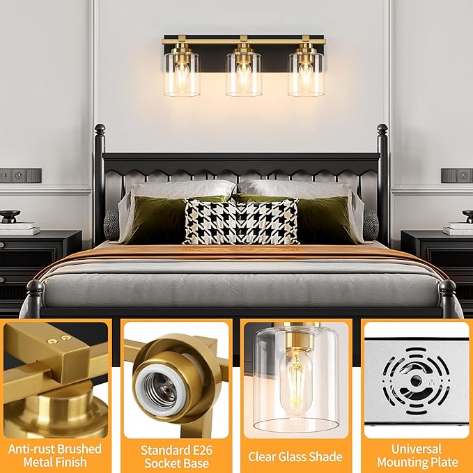 3 Light Modern Bathroom Light Fixtures Over Mirror, Black Gold Vanity Lights for Bathroom Wall Sconces with Clear Glass Shades, E26 Socket (Bulbs Not Included)