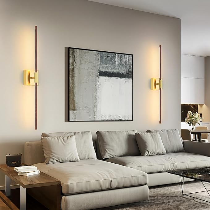 30″ Walnut Battery Operated Wall Sconces with Remote Control, Rechargeable Wall Sconces Set of 2, LED Sconces Wall Lighting, Wireless Wall Lights for Bedroom, Living Room, Background Wall