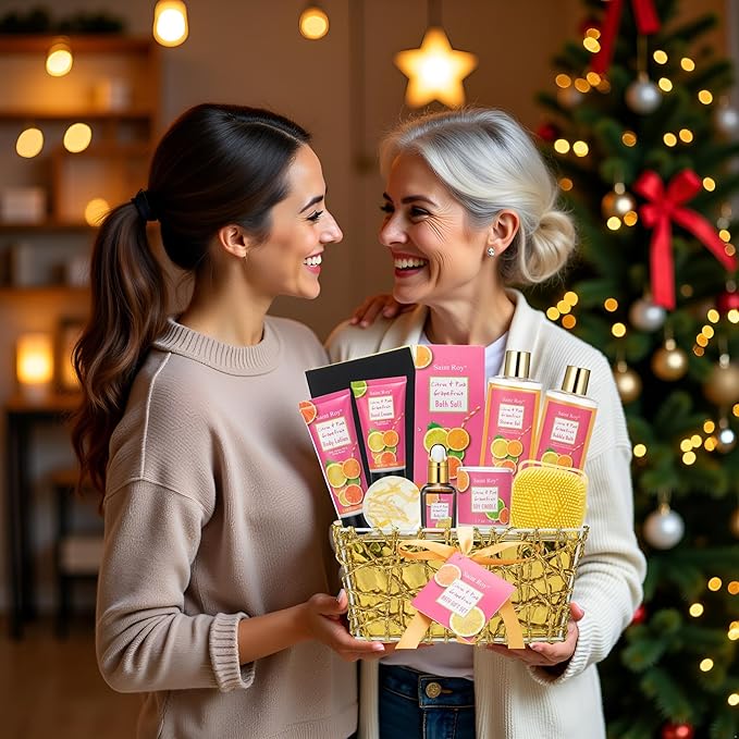 Bath Spa Body Gift Set, Luxury Christmas Gifts for Women Citrus Pink Grapefruit Spa Kit Gift Woman, 11 Pcs Self Care Kit Gifts With Bubble Bath, Massage Oil, Bath Brush, Birthday Gifts for Women