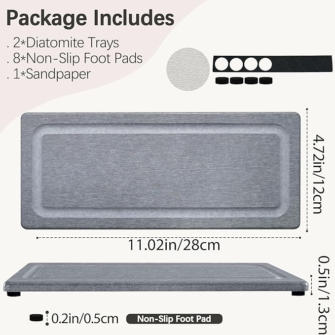 2 PCS Water Absorbing Stone Trays for Bathroom Sink & Kitchen Counter, Fast-Drying Diatomite Sink Coasters, Vanity Tray, Hand Soap Holder with Anti-Skid Pads (11" x 4.7" Gray)