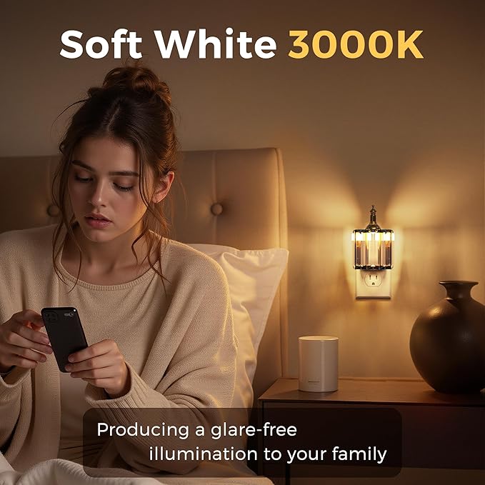 L LOHAS LED Night Light, Night Lights Plug into Wall, 3000K Soft White LED, Crystal Night Lights with Dusk to Dawn Sensor, 0-100lm Adjustable Brightness, for Hallway Bedroom Stairway