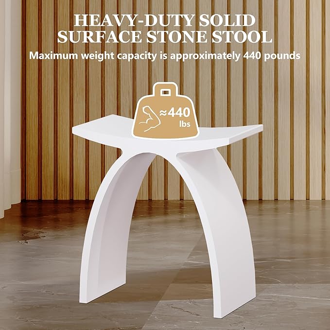 CASAINC Solid Surface Shower Stool for Inside Shower, Stone Resin Arched Bathroom Stool Modern Matte White Shower Bench, Approximately 440 LBS Load Capacity, No Assembly