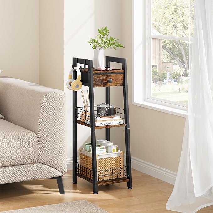 3-Tier Narrow Bathroom Ladder Shelf with Drawer, Bathroom Floor Storage Shelf, Freestanding Tower Shelf Ladder Bookshelf Brown