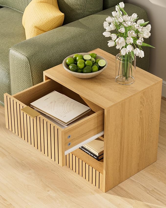 Nightstand, Modern Night Stand, Bedside Table with Drawer and Open Shelf, Cube Design, Side Table for Bedroom, Living Room, Oak