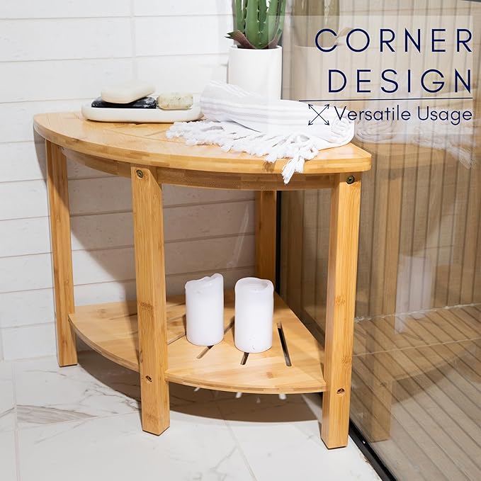 DECOMIL - Bamboo Corner Shower Bench, Bathroom Shower Stool with Storage, Nonslip Feet & Waterproof Bench, Perfect for Bath, Spa and Home Décor