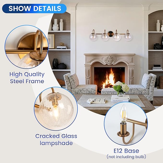 4-Light Bathroom Light Fixtures, Brushed Gold Vanity Lights for Bathroom with Cracked Glass Globe Shade, Vintage Bathroom Vanity Lighting Fixtures Over Mirror for Bedroom Living Room Hallway
