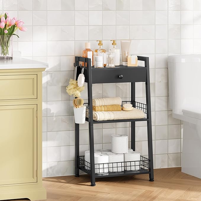 3-Tier Bathroom Ladder Shelf with Drawer, Freestanding Tower Shelf Ladder Bookshelf for Living Room, Bedroom -Black