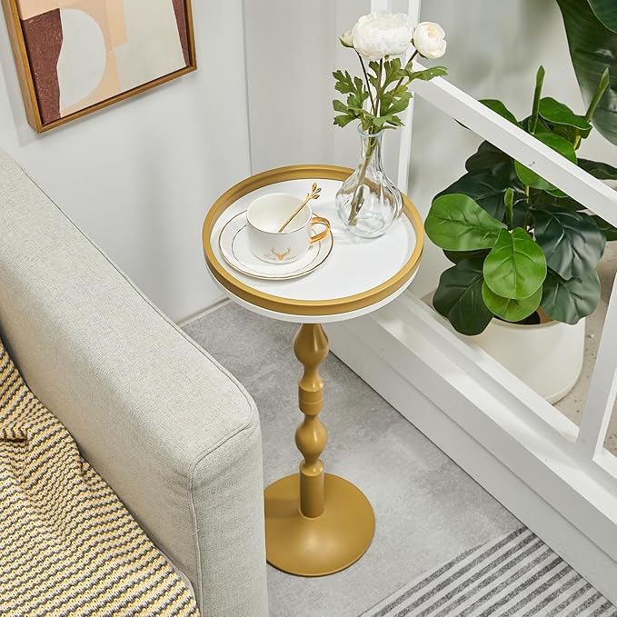 Small Round Drink Table,Pedestal Tables,Small Round Side Table for Narrow Spaces,End Table for Living Room, Bedroom, Bathroom,Balcony (White Gold)