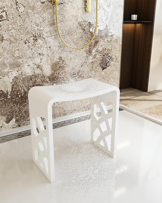 CASAINC Stone Resin Shower Stool for Inside Shower Modern Solid Surface Lattice Side Bathroom Stool Matte White Shower Bench, Approximately 440 lbs Capacity