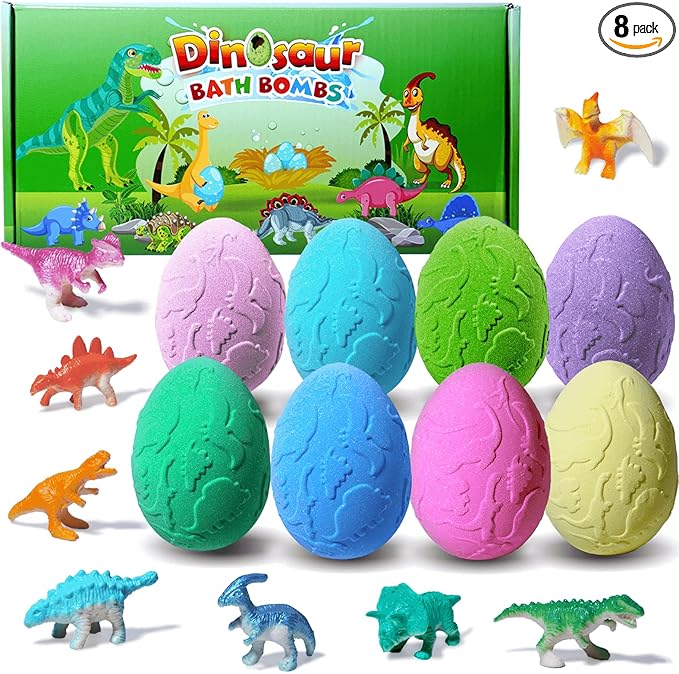 Kids Bath Bombs with Surprise Inside, XXL Large Dinosaur Bath Bombs 8pcs Bath Bomb Set with Toys Inside, Dino Toy Gifts for Kids Age 3 4 5 6 7 8 9 10 11 12