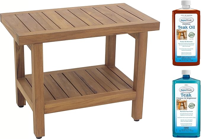 The Original 24" Spa Teak Shower Bench with Shelf & AquaTeak Two-Step Care Kit