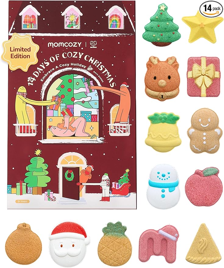 Momcozy & BIG HUGS 14Pcs Christmas Bath Bombs Set of Countdown Calendar Mystery Box, 14 Days of Surprise Bath Bombs & Family Fun, Ideal Christmas Gifts for Kids Boys Girls Toddlers