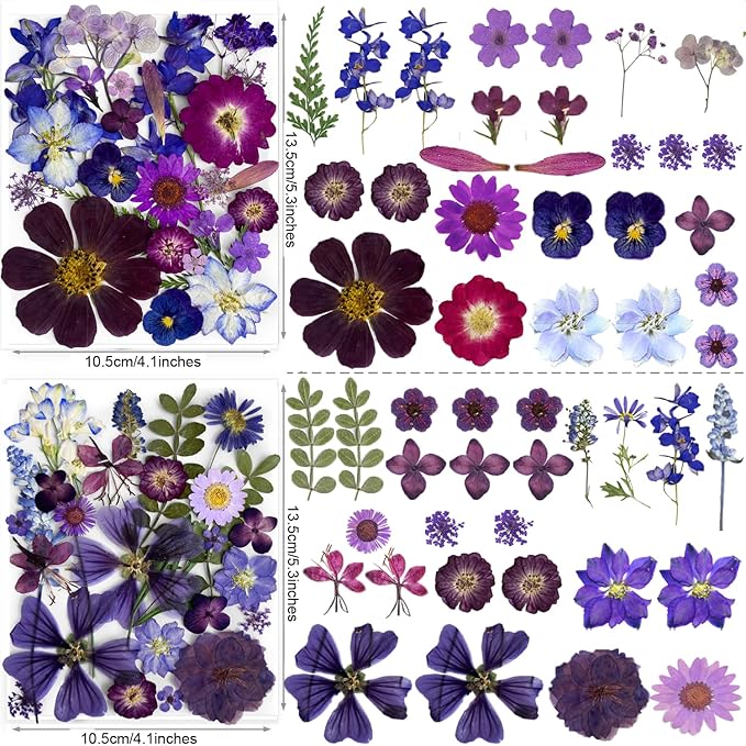 148PCS Purple Hot Pink Dried Pressed Flowers with Butterfly Stickers - YouthBro Real Nature Flowers Set for Resin DIY Jewelry Making Nail Card Scrapbook Art Craft Floral Decors