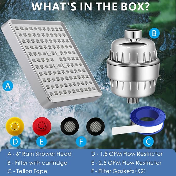 Voolan Filtered Shower Head - 20 Stage Luxury Rain Shower Filter For Hard Water for Remove Chlorine and Harmful Substances - 6" Square High Pressure Rainfall Showerhead (Chrome)