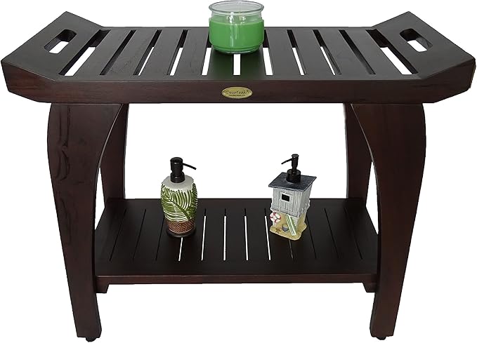 DecoTeak Tranquility 30 Inch Extended Height Brown Waterproof Teak Wood Shower Bench Stool Seat Chair for Inside Shower Storage Shelf Provides Safety Storage and Organization for Bathroom Accessories