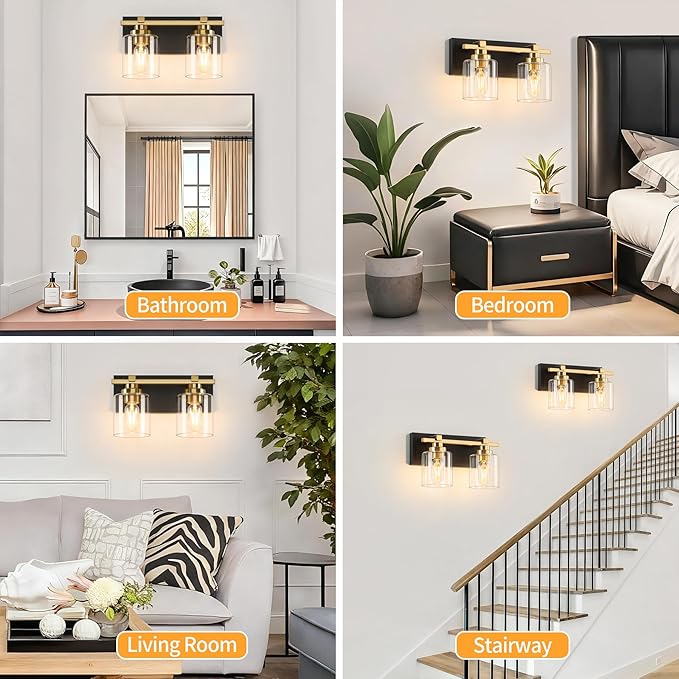 2 Light Modern Bathroom Light Fixtures Over Mirror, Black Gold Vanity Lights for Bathroom Wall Sconces with Clear Glass Shades, E26 Socket (Bulbs Not Included)