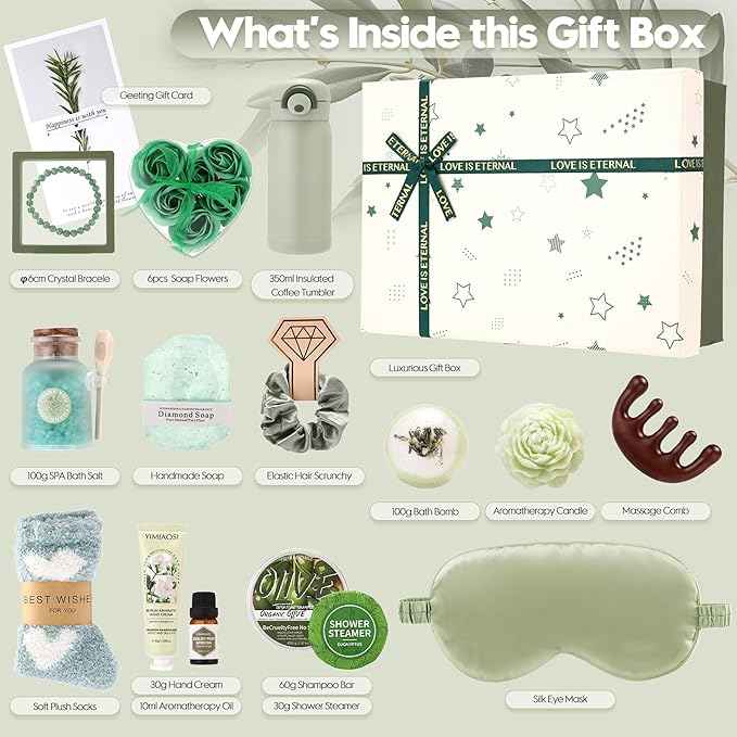 Sea Team 16-Pack Relaxing SPA Gift Set for Women, Shower Kit with Bath Bomb, Bath Salt, Handmade Soap, Cream, Essential oil, Gift Box Included, Olive