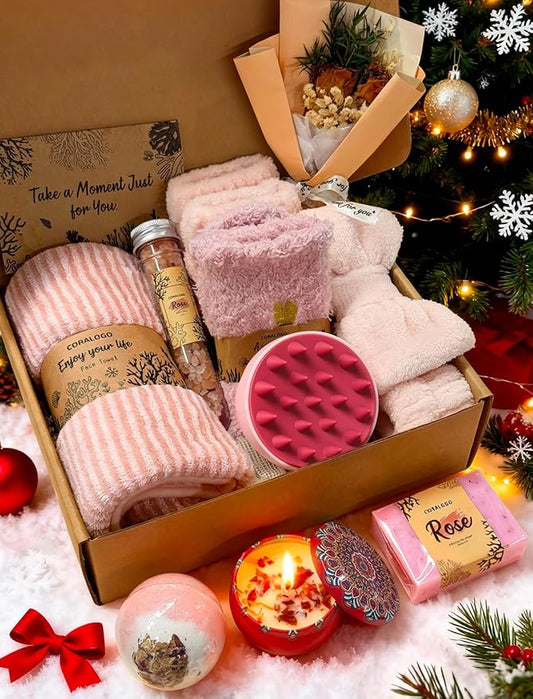 Coralogo Rose Spa Gift Baskets - Natural Pampering Spa Set, Self-Care Get Well Soon Basket,Thank You Gifts, Unique 11pcs Gift Set for Birthday Christmas Valentines Day Mothers Day