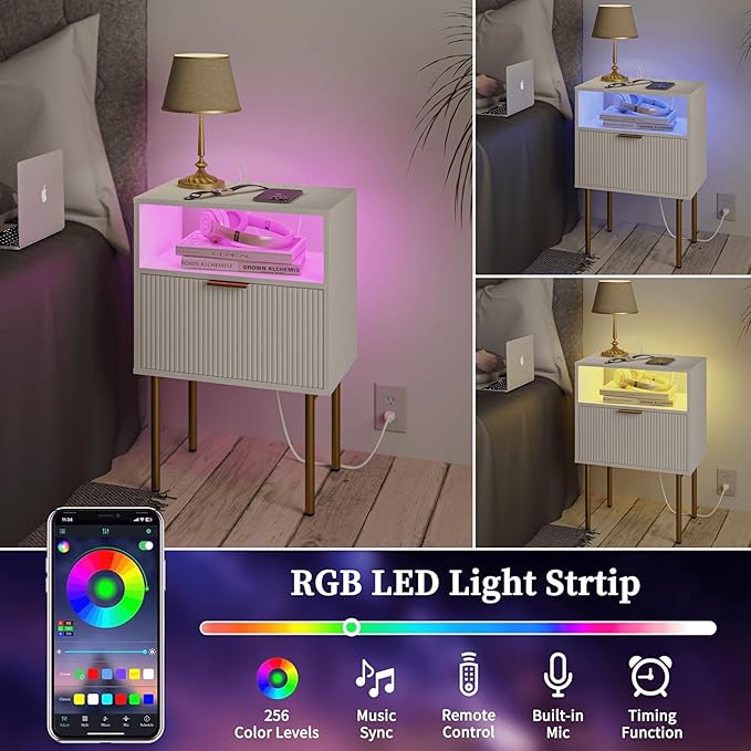 Modern Nightstand with Charging Station and LED Lights, White Bedside Table with Drawer, Fluted Side Table for Living Room, Bedroom