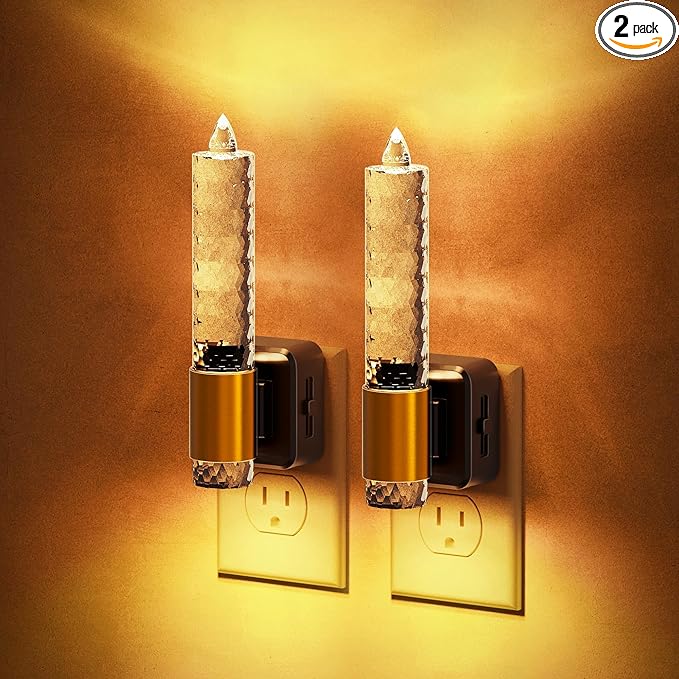 JandCase Night Light, Flameless Candle Amber Night Lights Plug into Wall 2 Pack, Auto On/Off Light Sensor Crystal Dimmable LED Nightlight, 0-100LM Decorative nite Light for Adults Bathroom Hallway