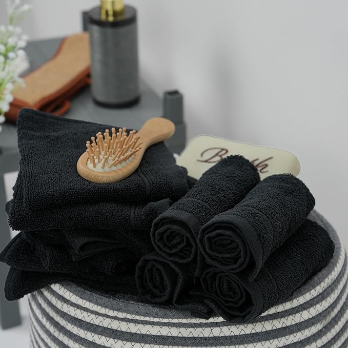 Tens Towels Pack of 12 Washcloths, 12 x 12 Inches, Lighter Weight, Quick to Dry, Super Soft & Absorbent, Gentle Face Towels, Hotel Quality, Perfect for Bathroom, Gym, Spa (Black, 12 Pack)