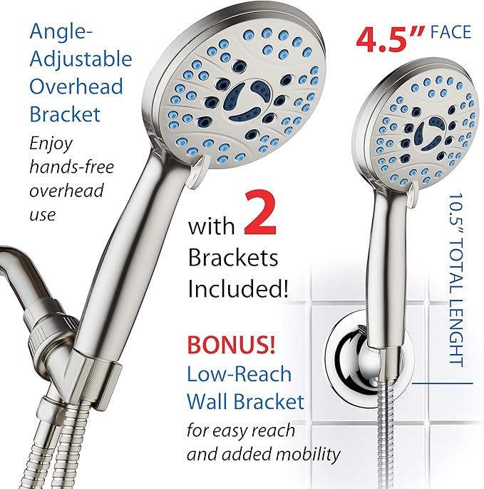 Hotel Spa AquaCare High Pressure 8-mode Handheld Shower Head, Anti-clog Nozzles, Built-in Power Wash to Clean Tub, Tile & Pets, Extra Long 6 ft. Stainless Steel Hose, Wall & Overhead Brackets