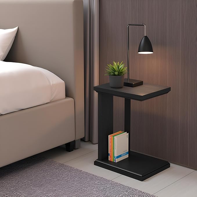 C Shaped End Table for Couch, 23.2'' High Small Side Table 2-Tier C Shaped Sofa Table for Small Narrow Spaces, Modern Nightstand for Bedroom, Living Room, Apartment, Home Office, Dark Grey
