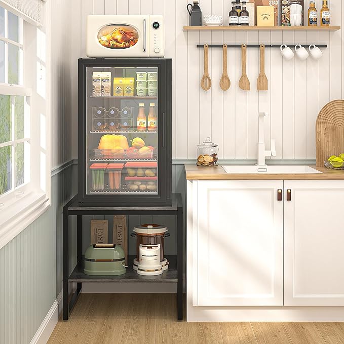 Homieasy End Table, 20 Inch Square End Table, Mini Fridge Stand with 2-Tier Storage Shelves, Industrial Wood Side Tables for Living Room, Black Oak