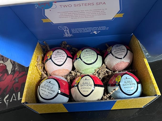 Poke Monster Bath Bombs for Kids with Surprise Inside (6 Pack) - Large Bubble Bath Bomb for Boys & Girls - Fruity Scent, Skin-Safe, USA Made, Birthday & Holiday Gift by Two Sisters