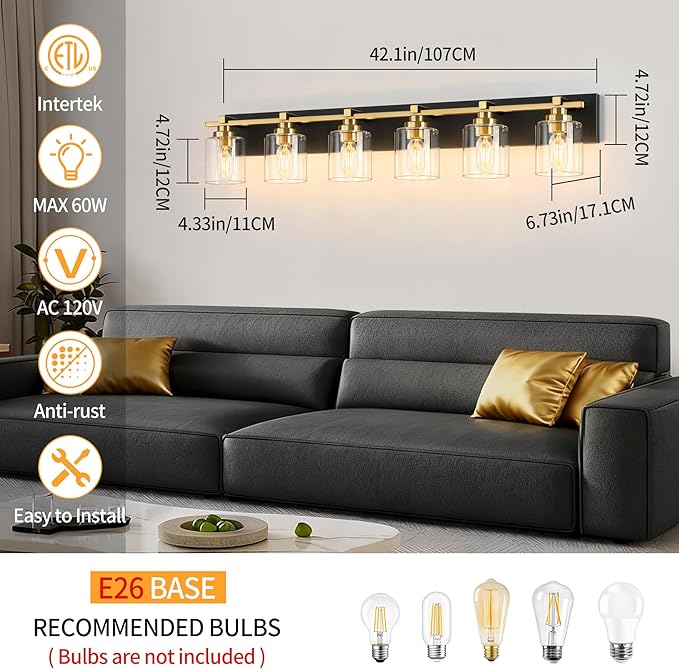 6 Light Modern Bathroom Light Fixtures Over Mirror, Black Gold Vanity Lights for Bathroom Wall Sconces with Clear Glass Shades, E26 Socket (Bulbs Not Included)