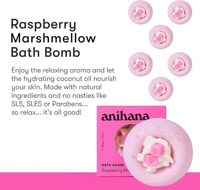 ANIHANA Bath Bomb with Coconut Oil, Paraben Free, Hand-Crafted Luxury Fizzers, Refreshing Raspberry Marshmellow Scent, 6.3 oz