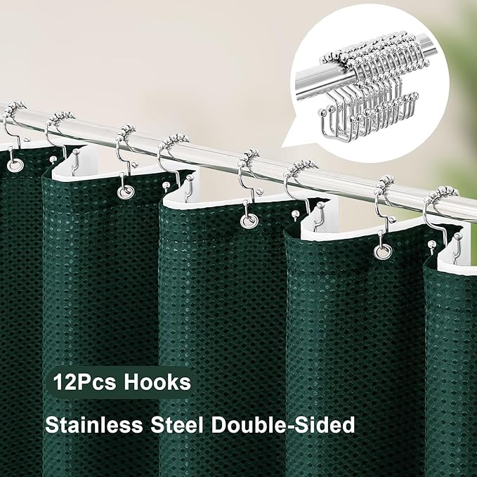 3 in 1 Stall Half Size Dark Green Shower Curtain Set-36 W x 72 H, Modern Waffle Waterproof Fabric and PEVA Liner Set with Stainless Steel Hooks