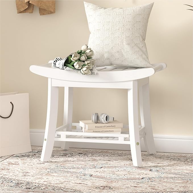 Bamboo Shower Bench Chair Bathroom Shower Stool Seat for Inside Shower Bathtub with Storage Shelf Shower Foot Rest for Shaving Legs 25.2 x 13 x 19.2 Inches White