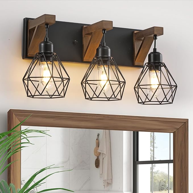 3-Light Farmhouse Bathroom Vanity Light Fixtures, Wood Bathroom Light Over Mirror, Rustic Sconces Wall Lighting with Elegant Metal Lampshade for Living Room, Bedroom, Hallway