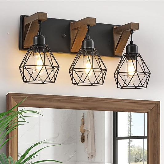 3-Light Farmhouse Bathroom Vanity Light Fixtures, Wood Bathroom Light Over Mirror, Rustic Sconces Wall Lighting with Elegant Metal Lampshade for Living Room, Bedroom, Hallway
