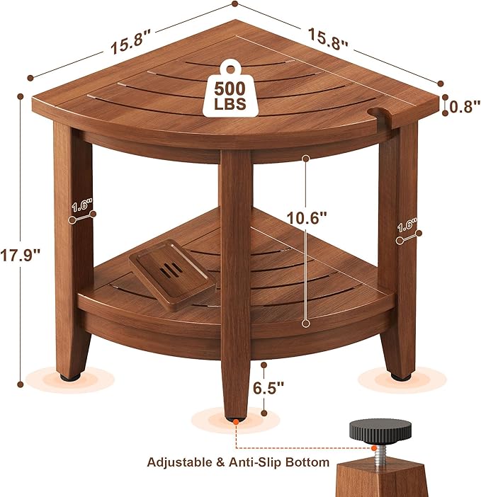 18" Teak Corner Shower Stool, Inside Shower Stool with Storage Shelf, Waterproof Teak Stool for Shaving Legs and to Sit On, 2-Tier Shower Stool,Adjustable Feet, Non-Slip, Brown