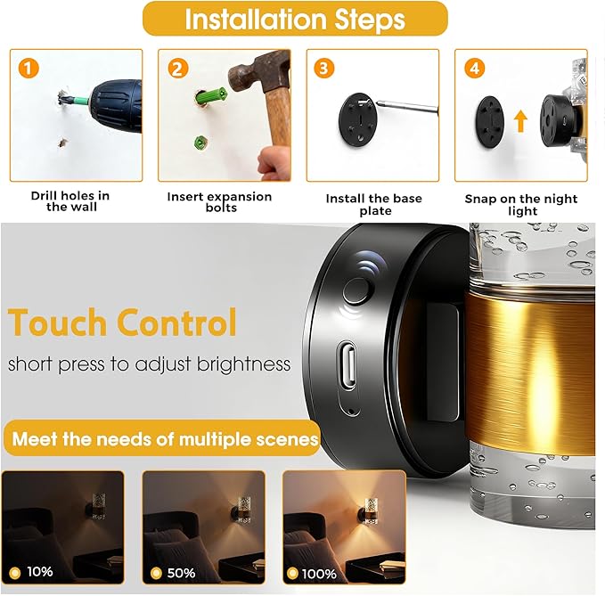 L LOHAS LED Motion Sensor Night Light, 2 Pack Wireless Rechargeable Wall Mounted Nightlight,Motion-Activated Acrylic Night Lights,3000K Dimmable for Bathroom Hallway