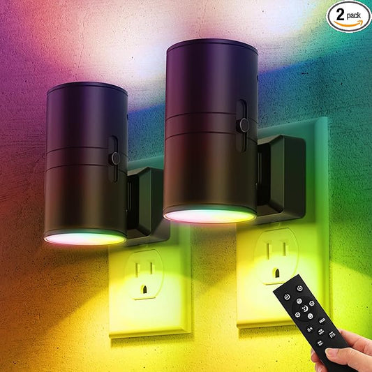 Briignite Night Lights Plug into Wall, 2 Pack 11-Color Changing Night Light with 1 Remote Control, 3000K+6000K+RGB LED Nightlight for Kids with Light Sensor, 0-100 LM Adjustable for Bedroom, Stairway