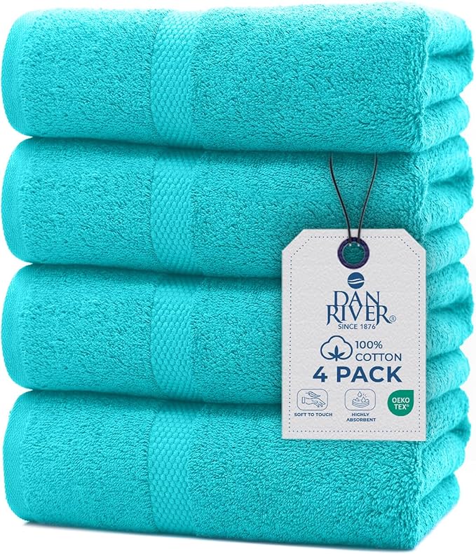 DAN RIVER Bath Towels Set of 4, 27 x 54 Inches, 100% Cotton, Larger & Lighter Weight, Quicker to Dry, Super Soft and Absorbent, Ideal Aqua Bath Towels for Daily Use